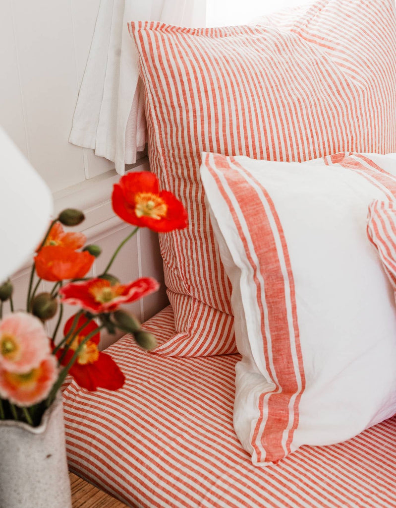 Linen Euro Pillowcase Set - Red Coral Thin Stripe - Salt Living