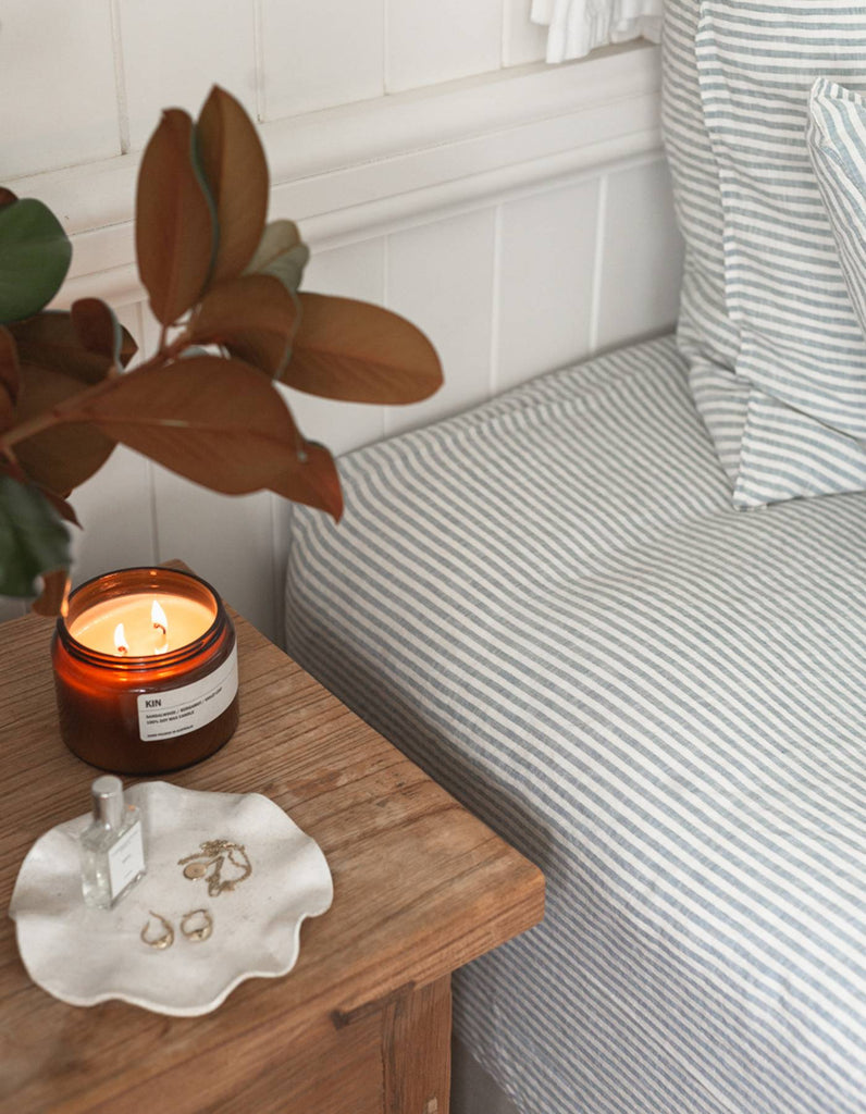 Linen Fitted Sheet - French Blue Thin Stripe - Salt Living