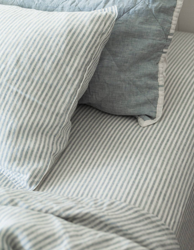 Linen Fitted Sheet - French Blue Thin Stripe - Salt Living