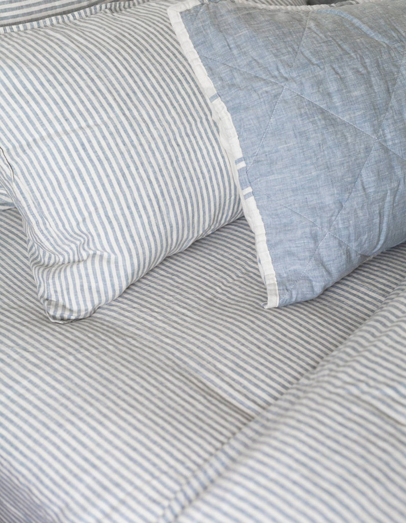 Linen Fitted Sheet - French Blue Thin Stripe - Salt Living