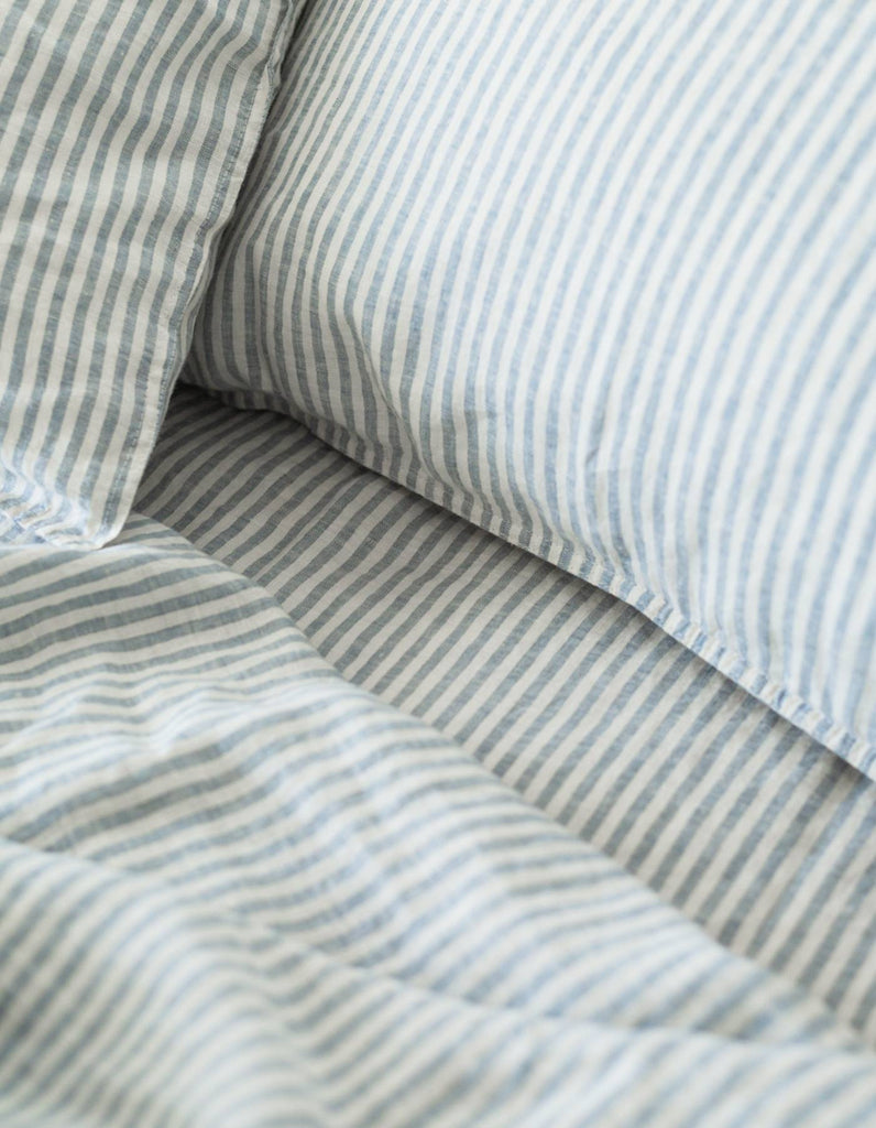 Linen Fitted Sheet - French Blue Thin Stripe - Salt Living