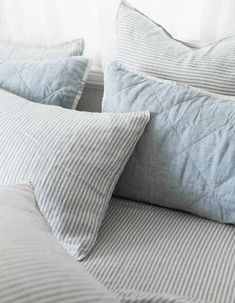 Linen Fitted Sheet - French Blue Thin Stripe - Salt Living