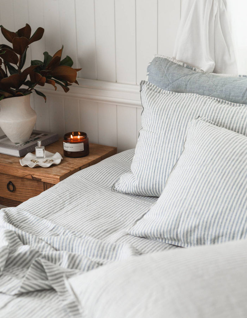 Linen Fitted Sheet - French Blue Thin Stripe - Salt Living