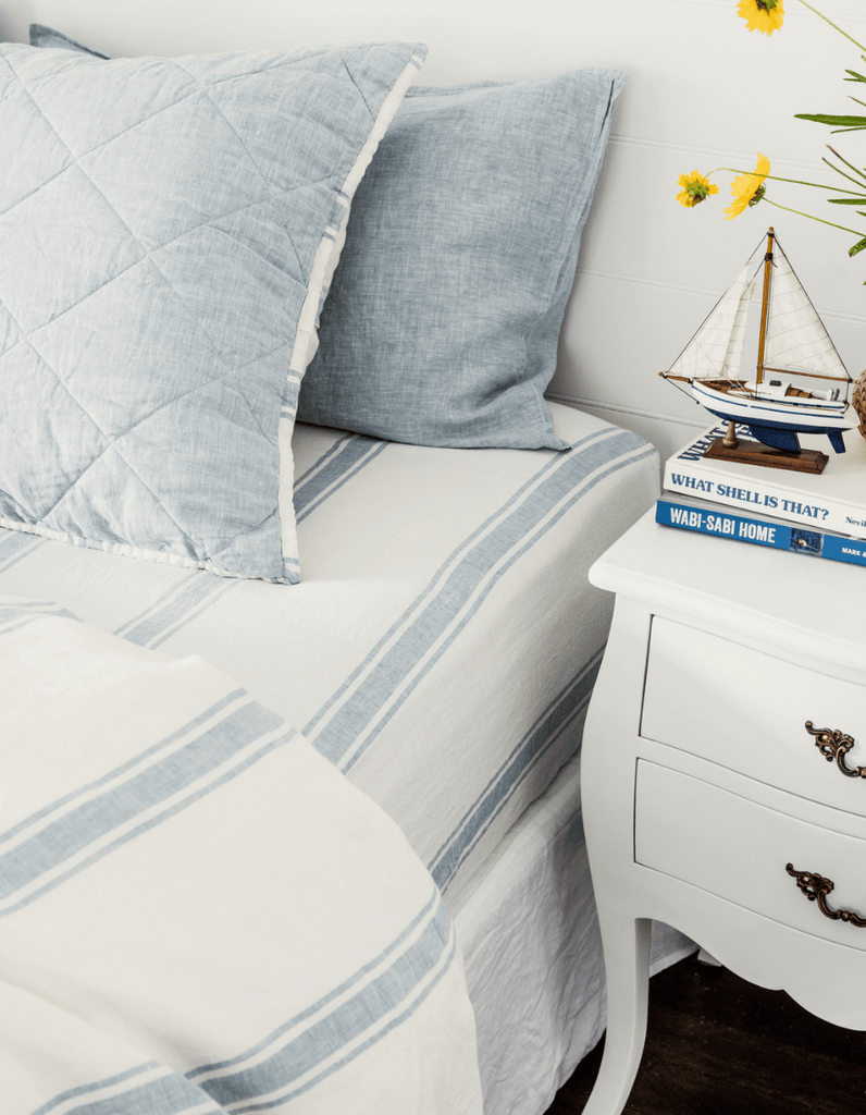 Linen Fitted Sheet - French Blue Ticking Stripe - Salt Living