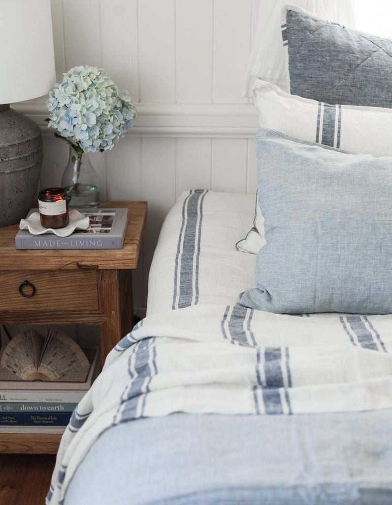 Linen Fitted Sheet - Indigo Ticking - Salt Living