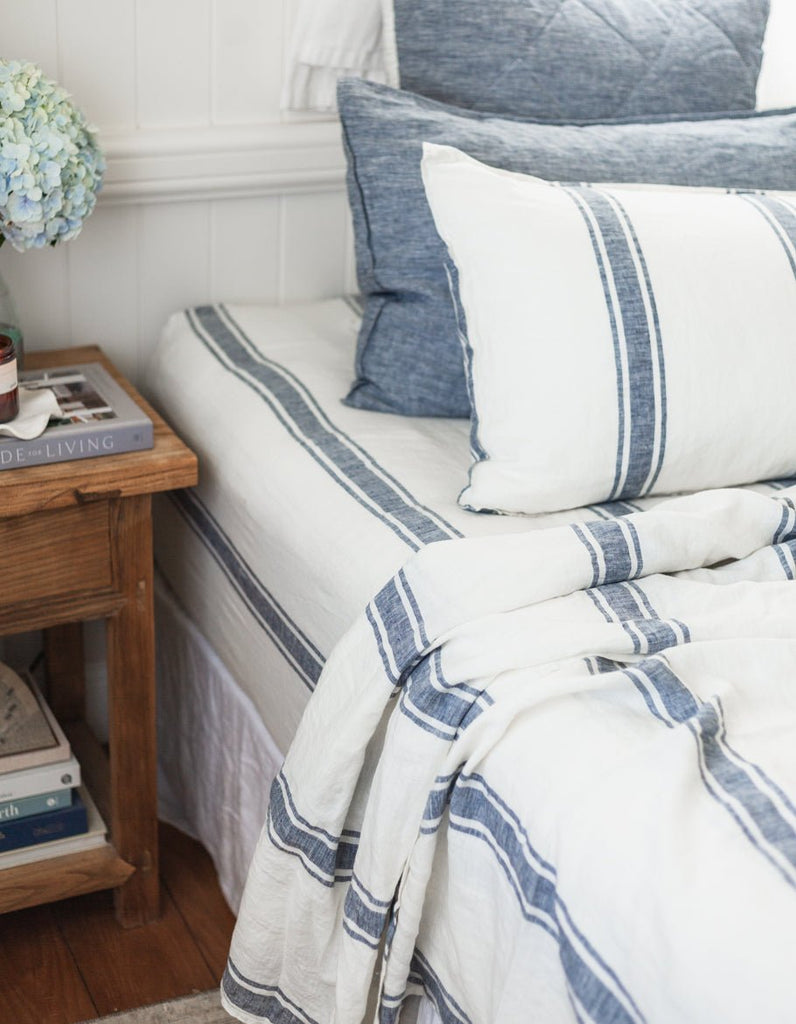Linen Fitted Sheet - Indigo Ticking - Salt Living