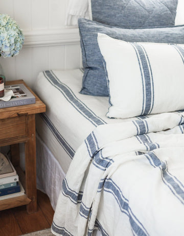 Linen Fitted Sheet - Indigo Ticking - Salt Living