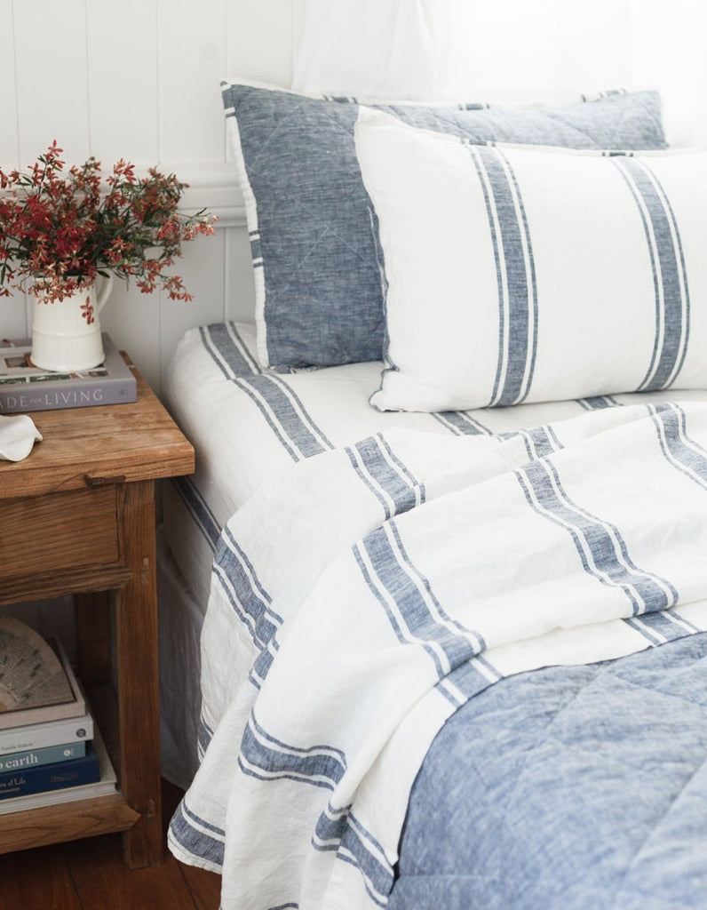 Linen Fitted Sheet - Indigo Ticking - Salt Living