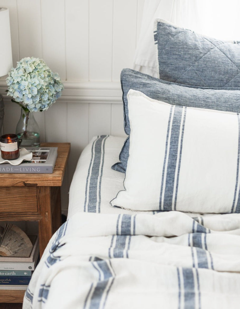 Linen Fitted Sheet - Indigo Ticking - Salt Living