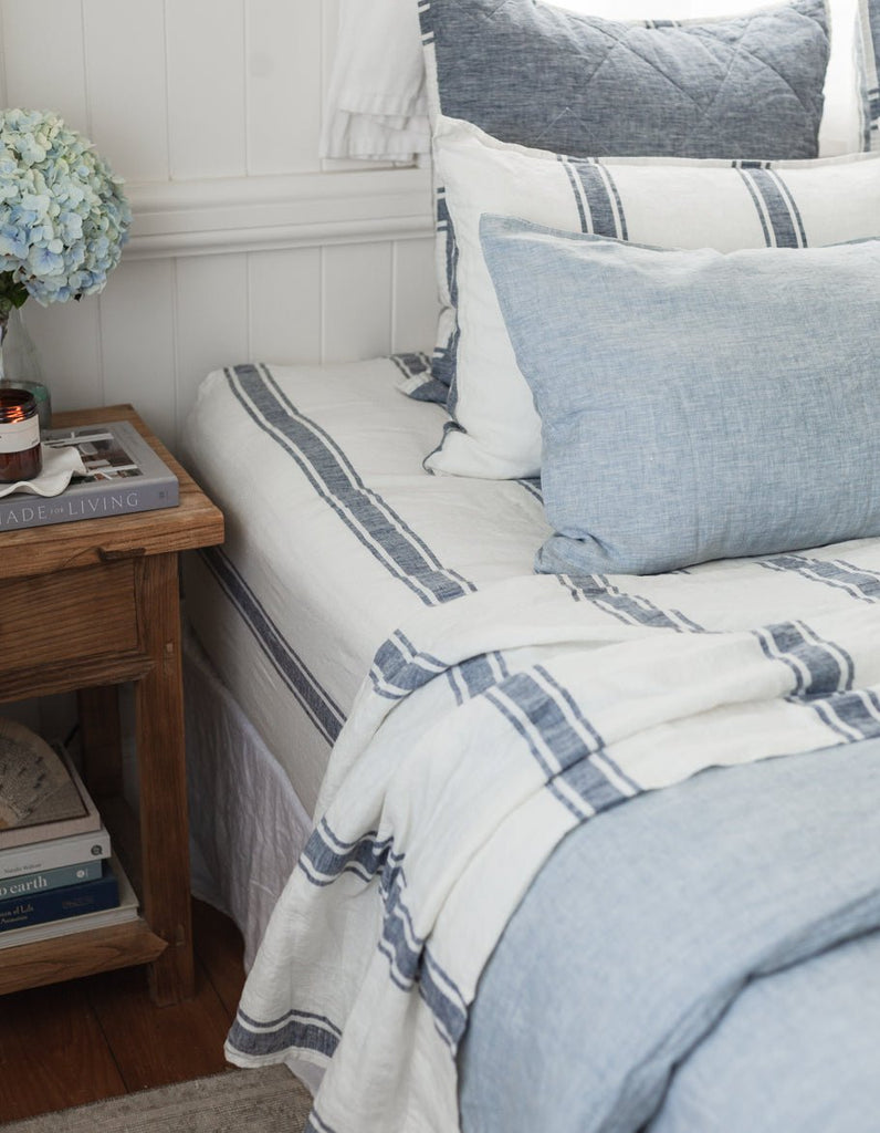 Linen Fitted Sheet - Indigo Ticking - Salt Living