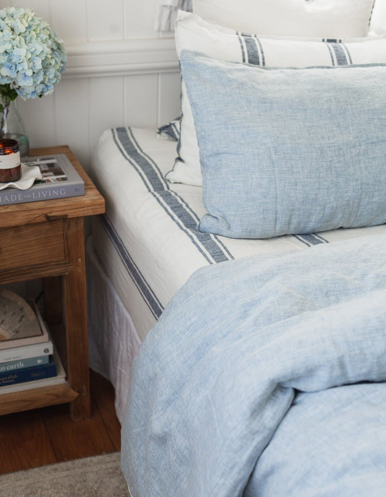 Linen Fitted Sheet - Indigo Ticking - Salt Living