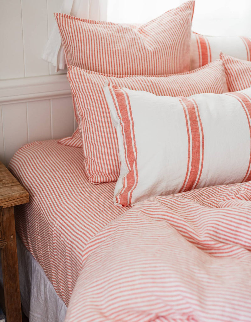 Linen Fitted Sheet - Red Coral Thin Stripe - Salt Living
