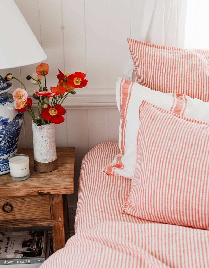Linen Fitted Sheet - Red Coral Thin Stripe - Salt Living