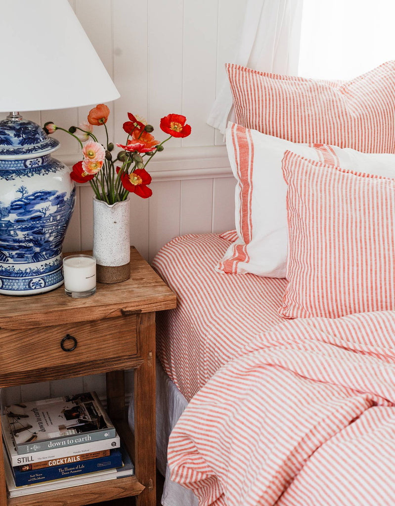 Linen Fitted Sheet - Red Coral Thin Stripe - Salt Living