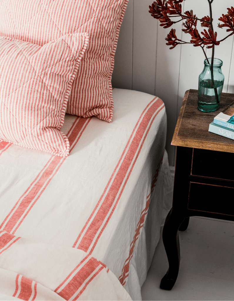 Linen Fitted Sheet - Red Coral Ticking Stripe - Salt Living