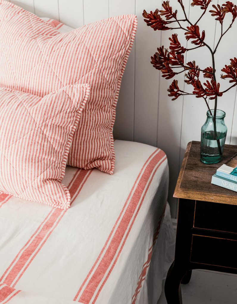 Linen Fitted Sheet - Red Coral Ticking Stripe - Salt Living