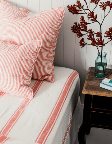 Linen Fitted Sheet - Red Coral Ticking Stripe - Salt Living