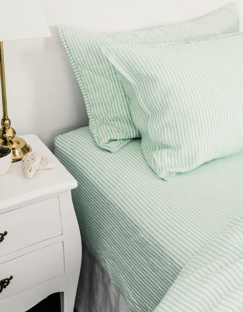 Linen Fitted Sheet - Sea Green Thin Stripe - Salt Living