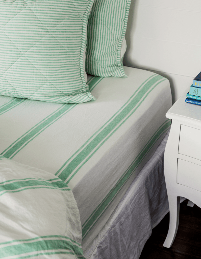 Linen Fitted Sheet - Sea Green Ticking Stripe - Salt Living