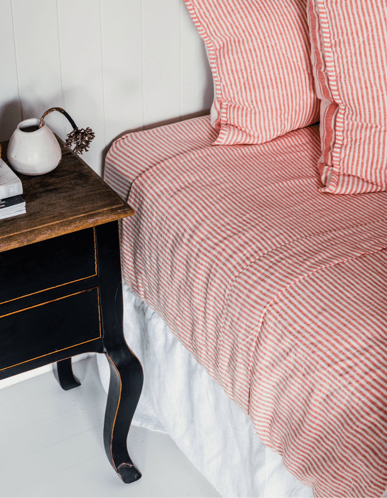 Linen Flat Sheet - Red Coral Thin Stripe - Salt Living