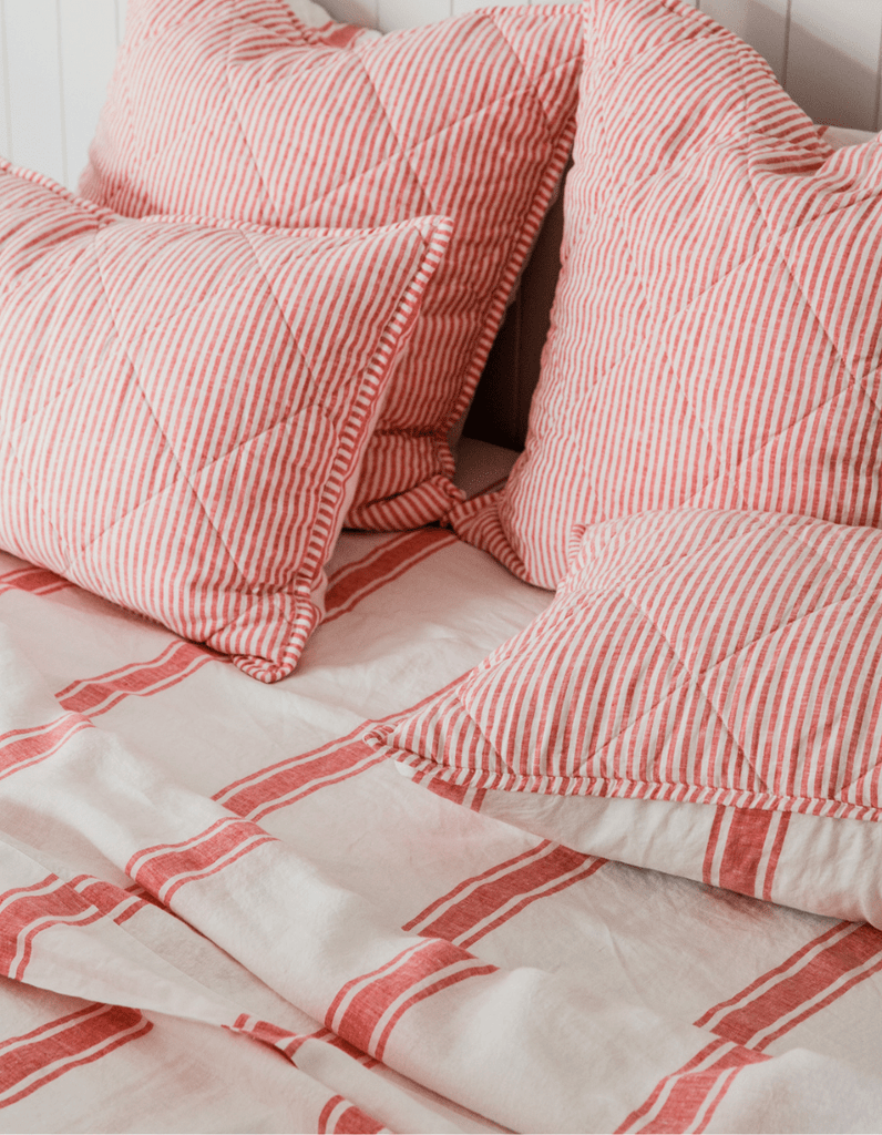 Linen Flat Sheet - Red Coral Ticking Stripe - Salt Living