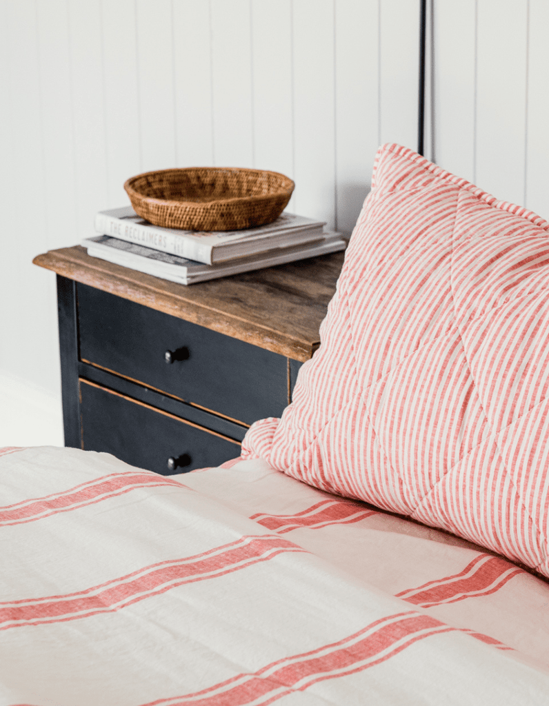 Linen Flat Sheet - Red Coral Ticking Stripe - Salt Living