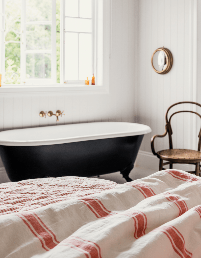 Linen Flat Sheet - Red Coral Ticking Stripe - Salt Living