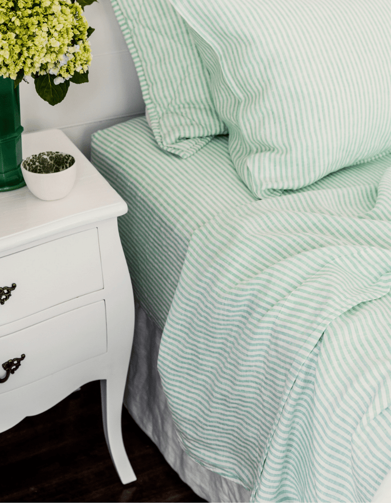Linen Flat Sheet - Sea Green Thin Stripe - Salt Living
