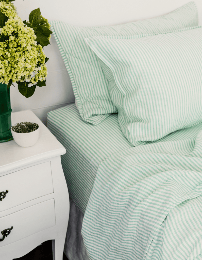 Linen Flat Sheet - Sea Green Thin Stripe - Salt Living