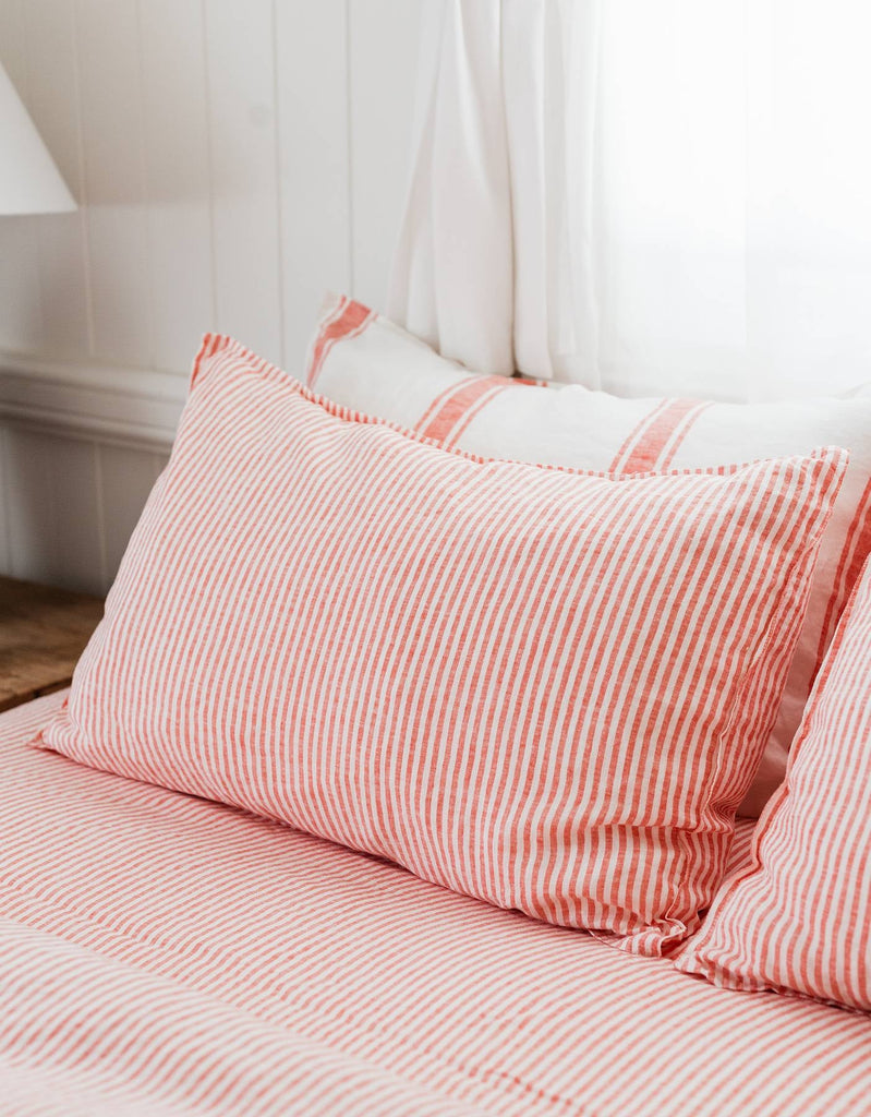 Linen Pillowcase Set - Red Coral Thin Stripe - Salt Living