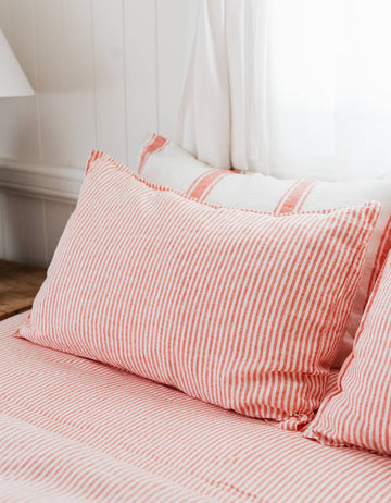 Linen Pillowcase Set - Red Coral Thin Stripe - Salt Living