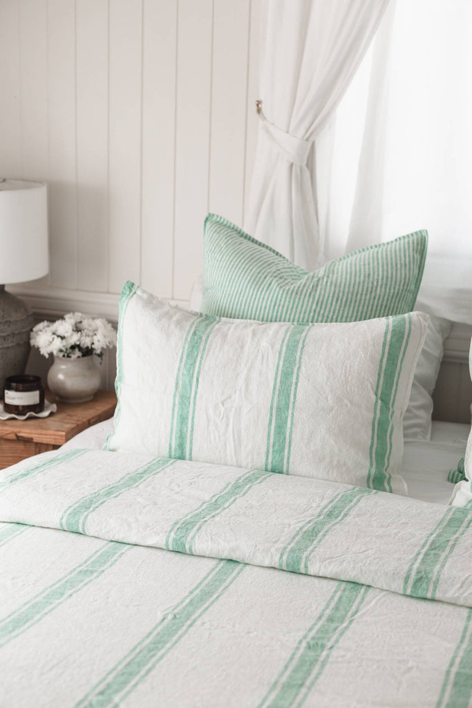 Linen Pillowcase Set - Sea Green Ticking Stripe - Salt Living