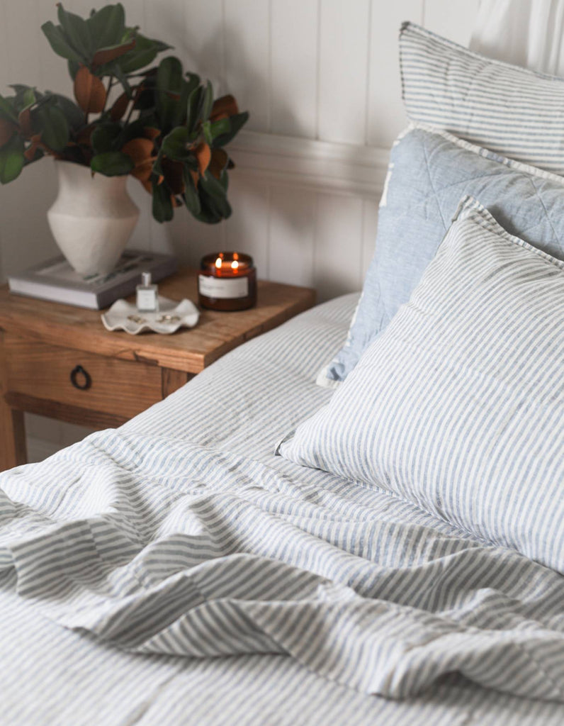 Linen Sheet Set - French Blue Thin Stripe - Salt Living