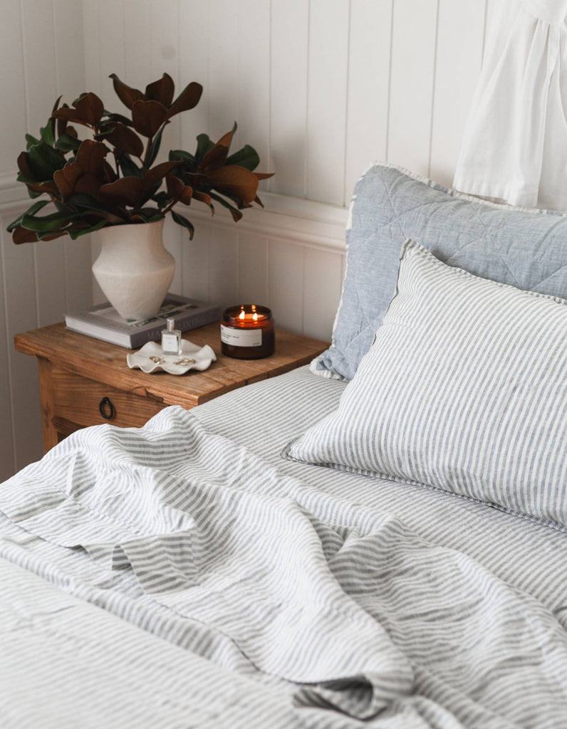 Linen Sheet Set - French Blue Thin Stripe - Salt Living