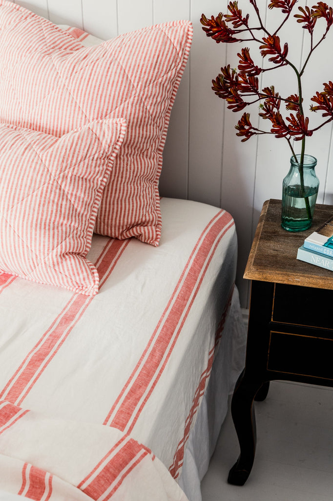 Linen Sheet Set - Red Coral Ticking Stripe - Salt Living