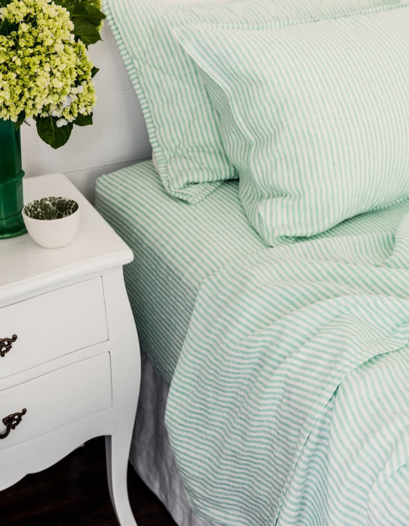Linen Sheet Set - Sea Green Thin Stripe - Salt Living