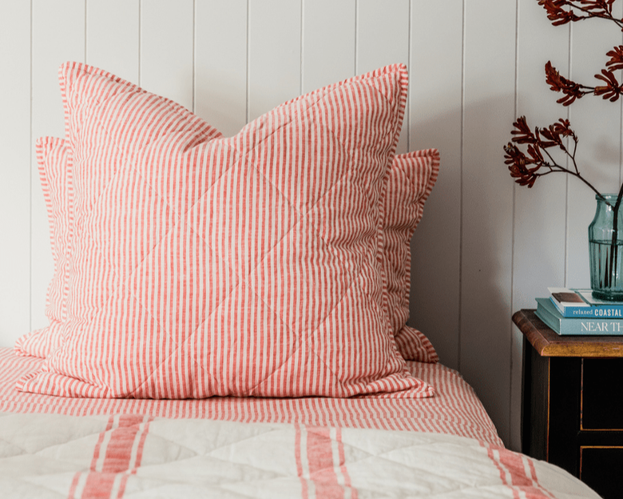 Quilted Euro Sham - Red Coral Stripe Linen - Salt Living
