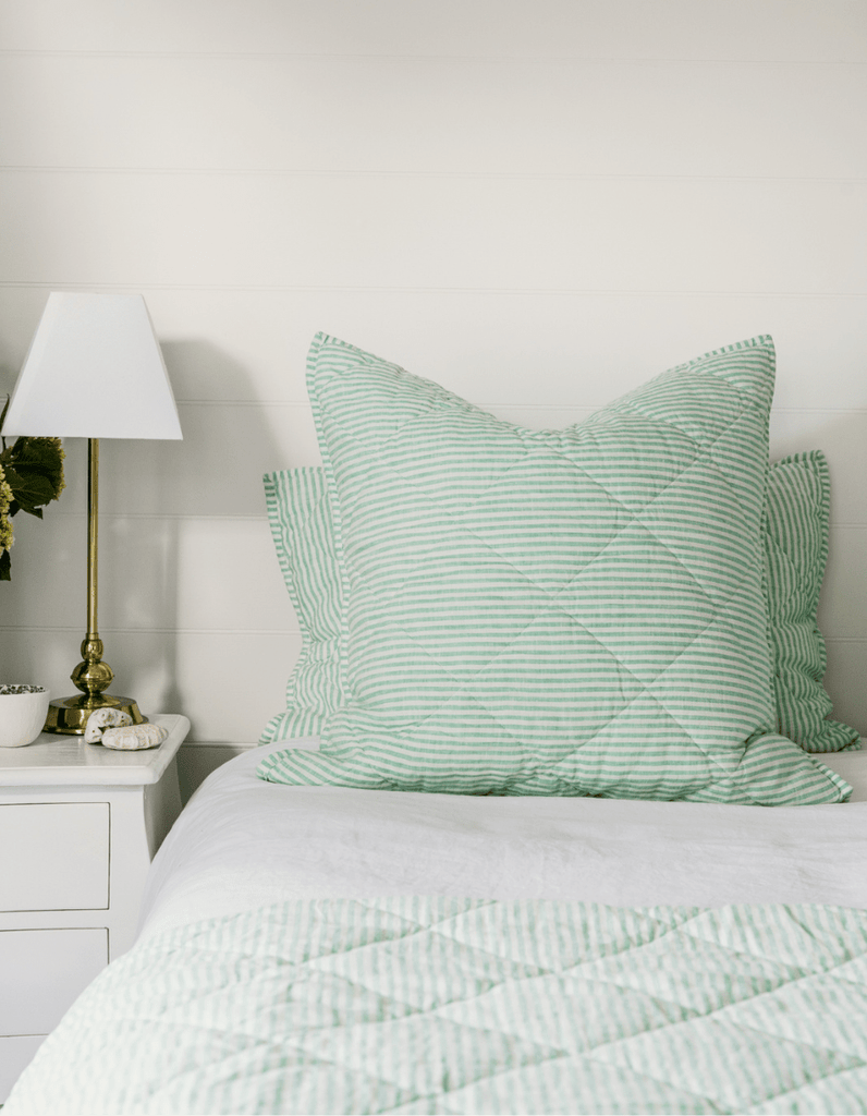 Quilted Euro Sham - Sea Green Stripe Linen - Salt Living