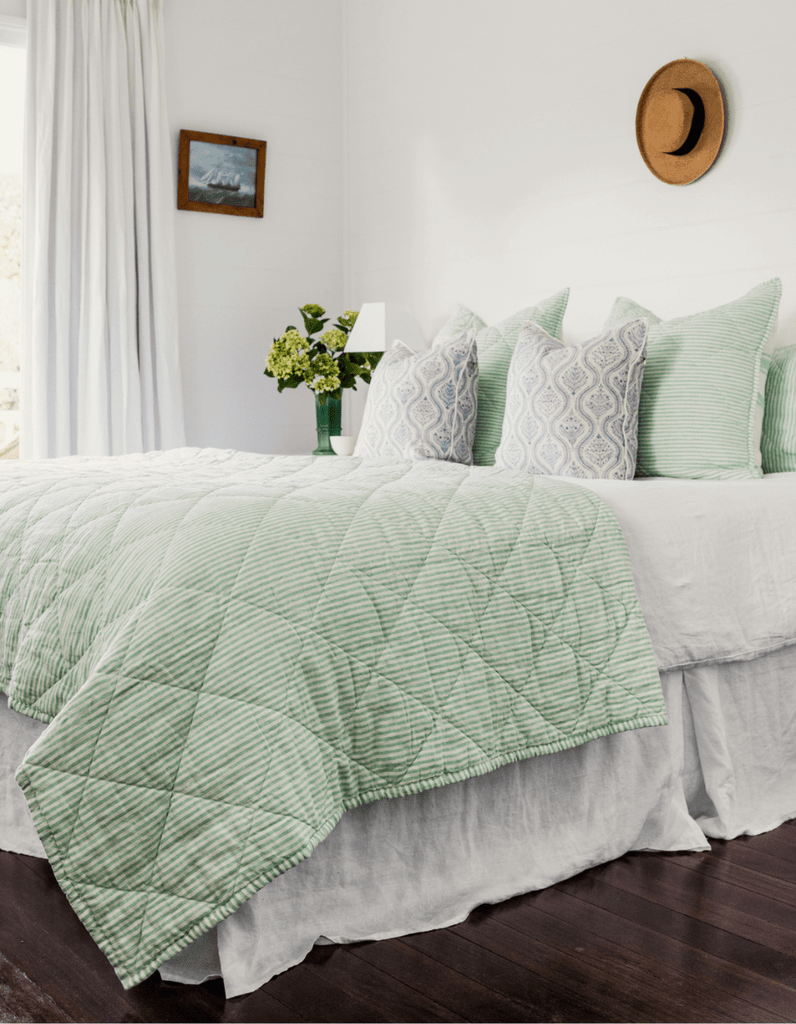 Quilted Euro Sham - Sea Green Stripe Linen - Salt Living