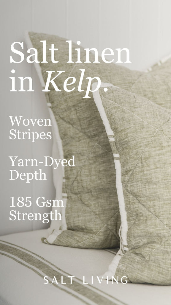 Two woven salt linen pillows with text describing the product details on a neutral background.