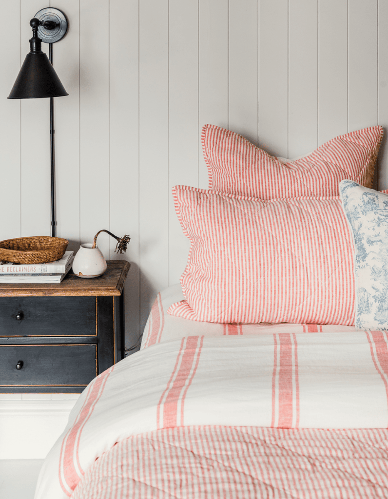 Quilted Pillow Sham - Red Coral Stripe Linen - Salt Living
