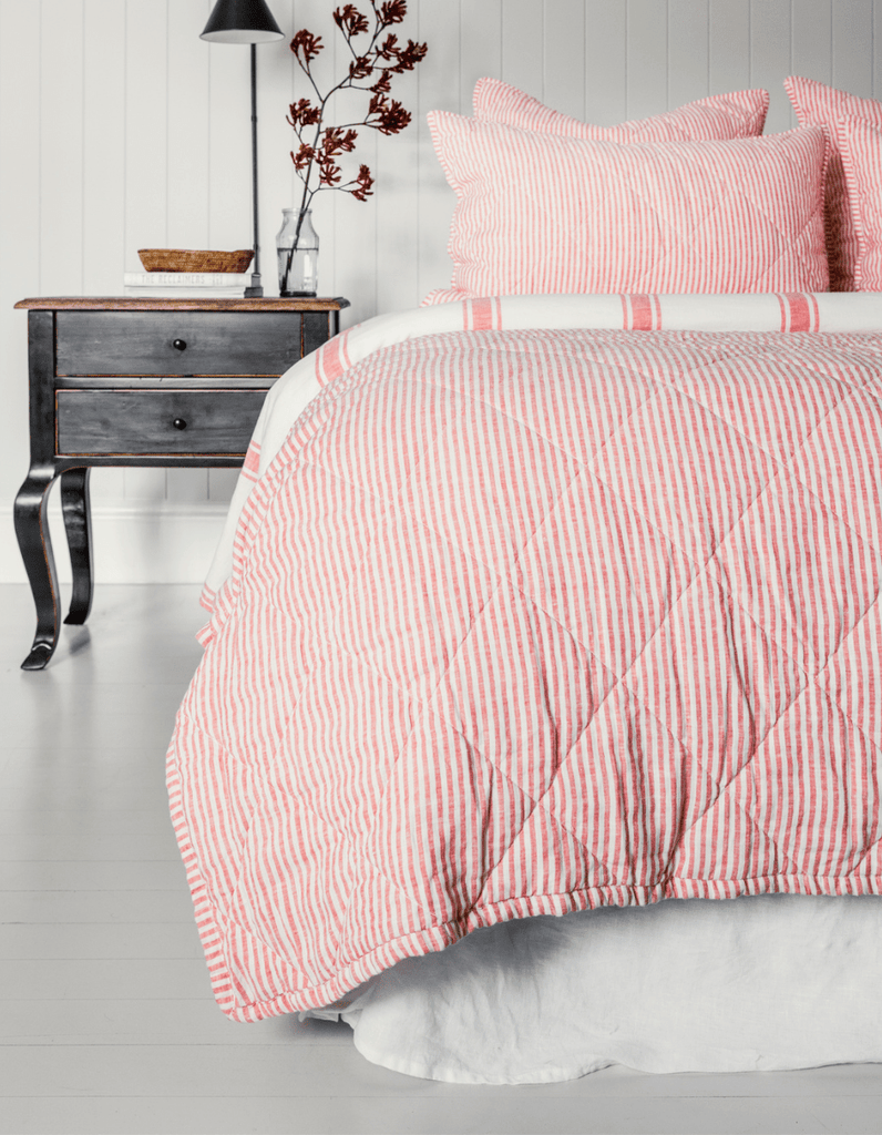Quilted Pillow Sham - Red Coral Stripe Linen - Salt Living