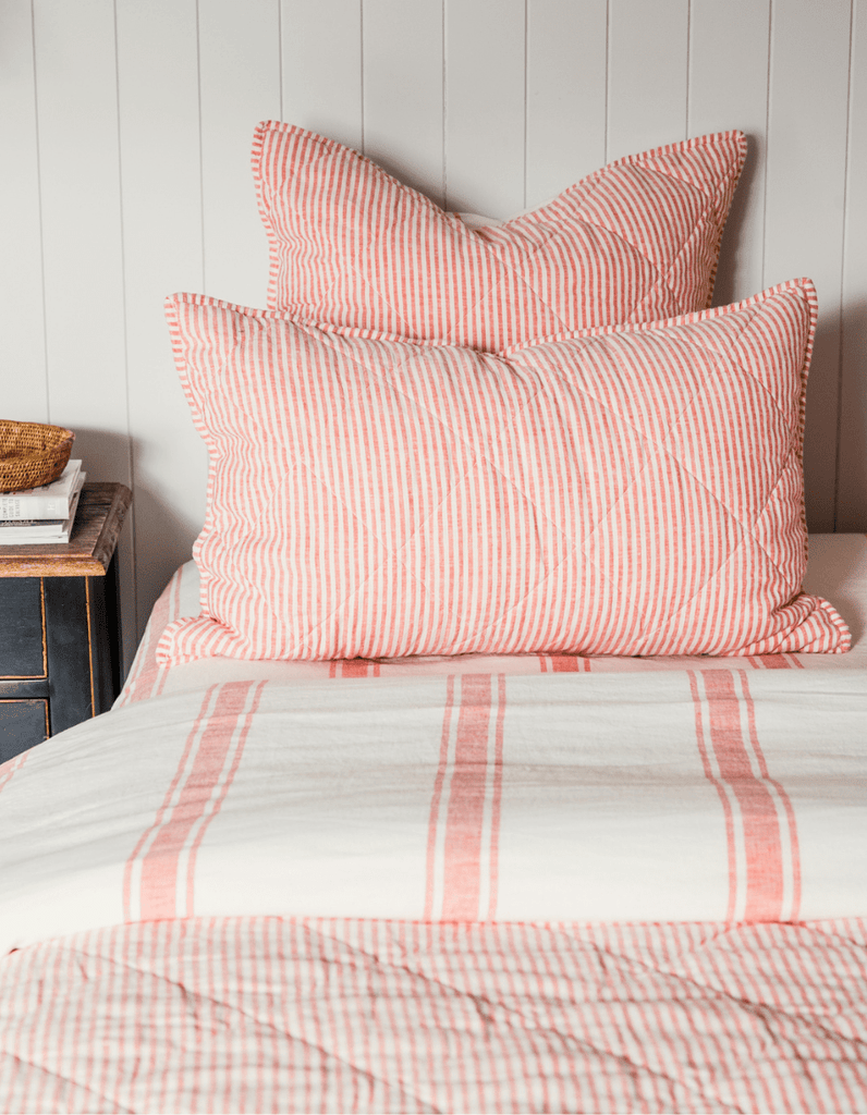 Quilted Pillow Sham - Red Coral Stripe Linen - Salt Living