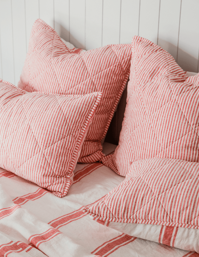 Quilted Pillow Sham - Red Coral Stripe Linen - Salt Living
