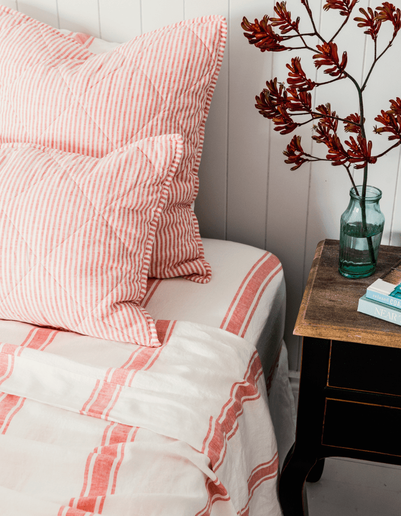 Quilted Pillow Sham - Red Coral Stripe Linen - Salt Living