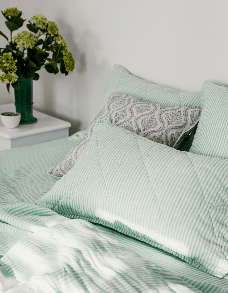 Quilted Pillow Sham - Sea Green Stripe Linen - Salt Living