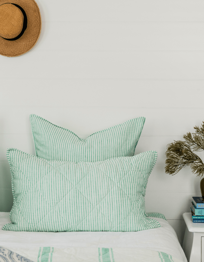 Quilted Pillow Sham - Sea Green Stripe Linen - Salt Living