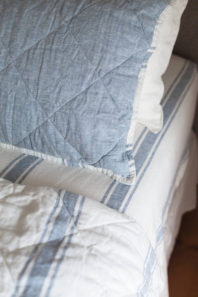 Close-up of a blue and white quilted bedspread on a bed.