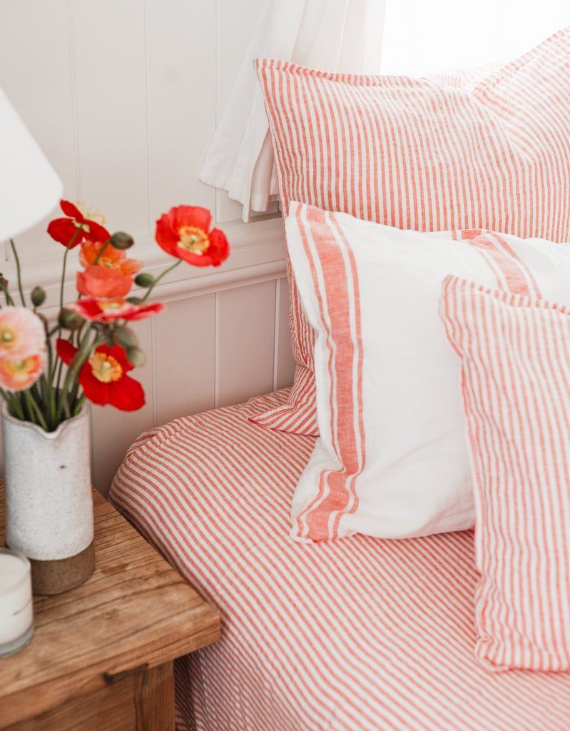 Sheet Set in Red Coral Thin Stripe – Linen Bedding - Single to Super King