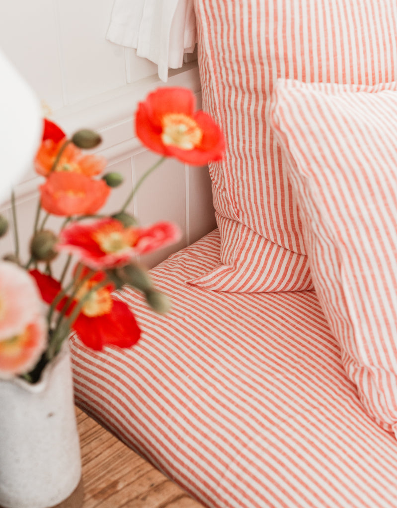 Sheet Set in Red Coral Thin Stripe – Linen Bedding - Single to Super King